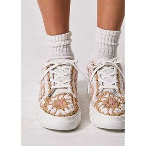 Free People Crochet Floral Sneakers - White and Tan